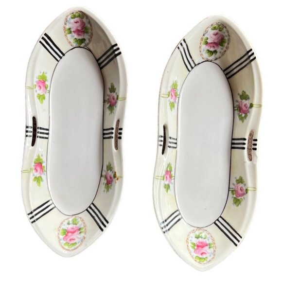 Set of 2 Antique Noritake Porcelain Hand Painted Roses Celery Serving Dishes - Picture 1 of 15